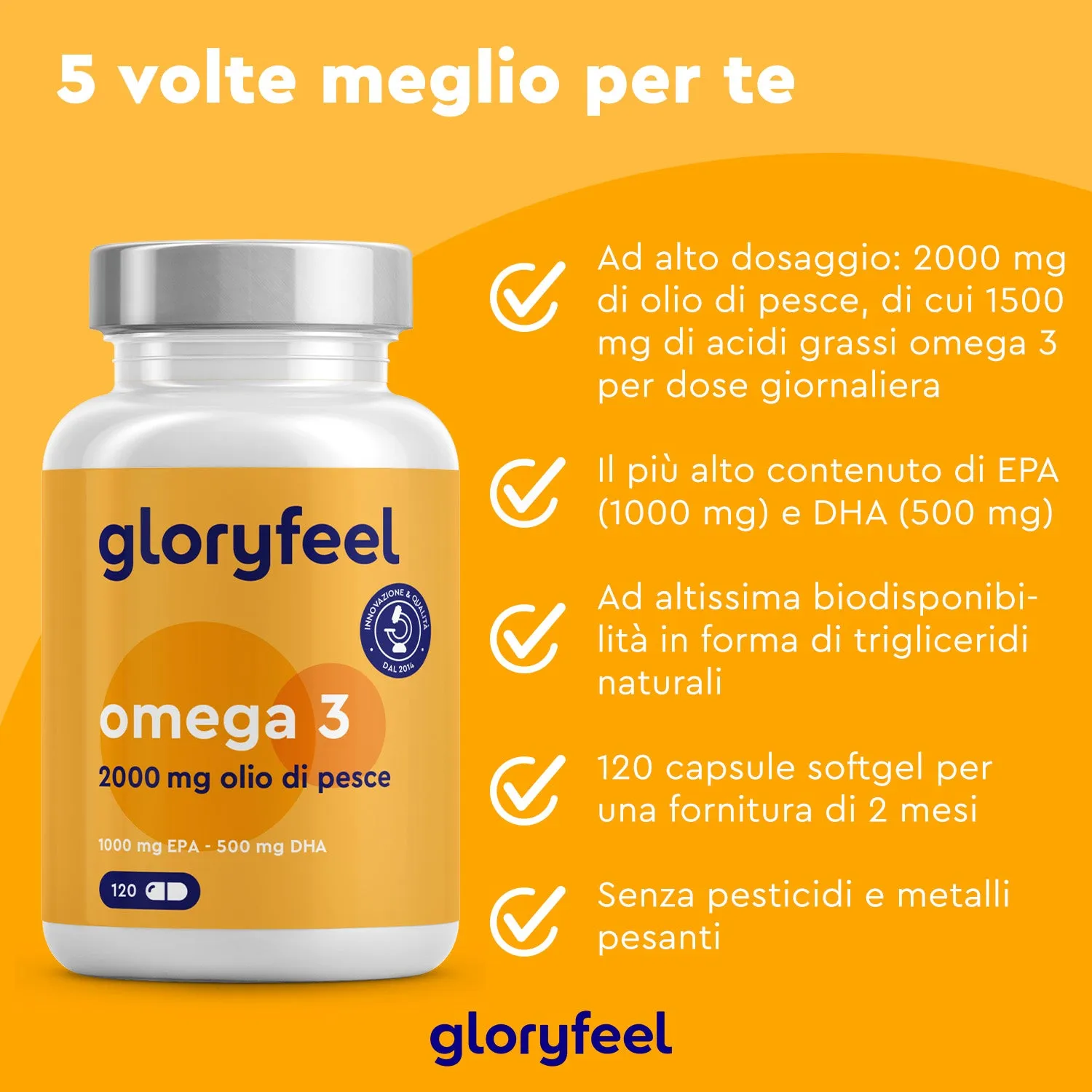 gloryfeel Omega 3 2000mg capsule olio di pesce 120 softgel EPA DHA