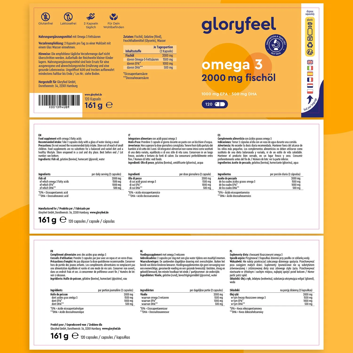 gloryfeel Omega 3 2000mg capsule olio di pesce 120 softgel EPA DHA