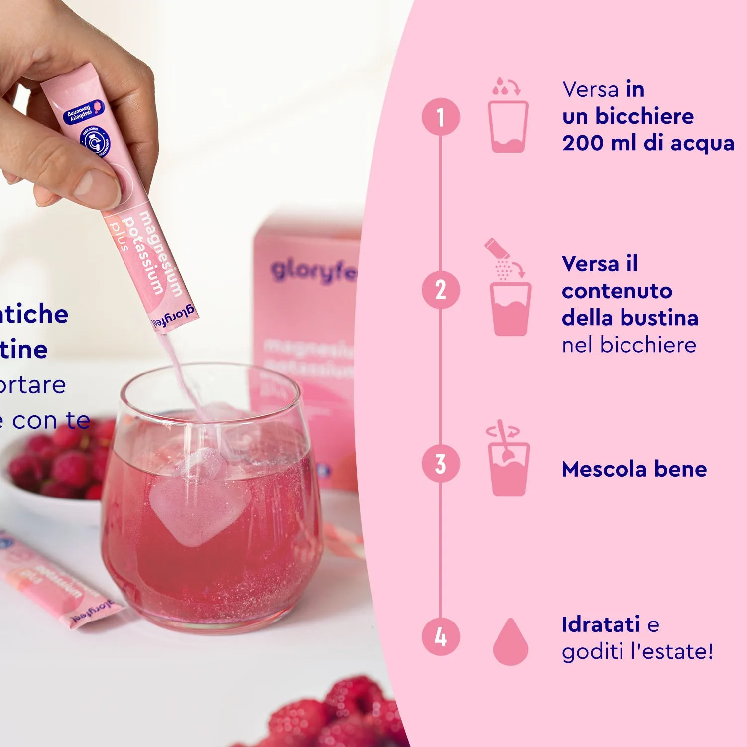 gloryfeel Magnesio e Potassio bustine lampone per muscoli ed energia
