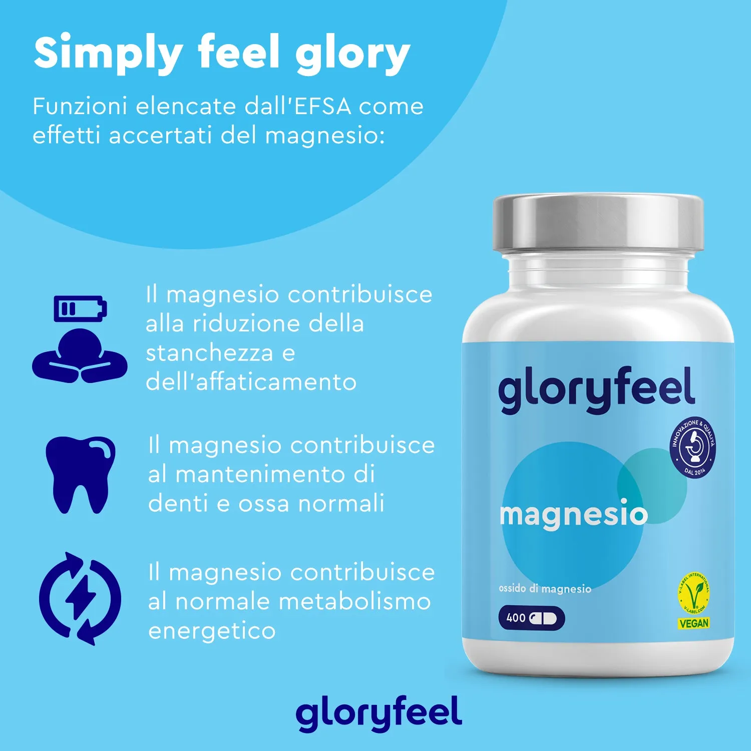gloryfeel Magnesio Ossido 400 capsule vegane 200 mg scorta 6 mesi