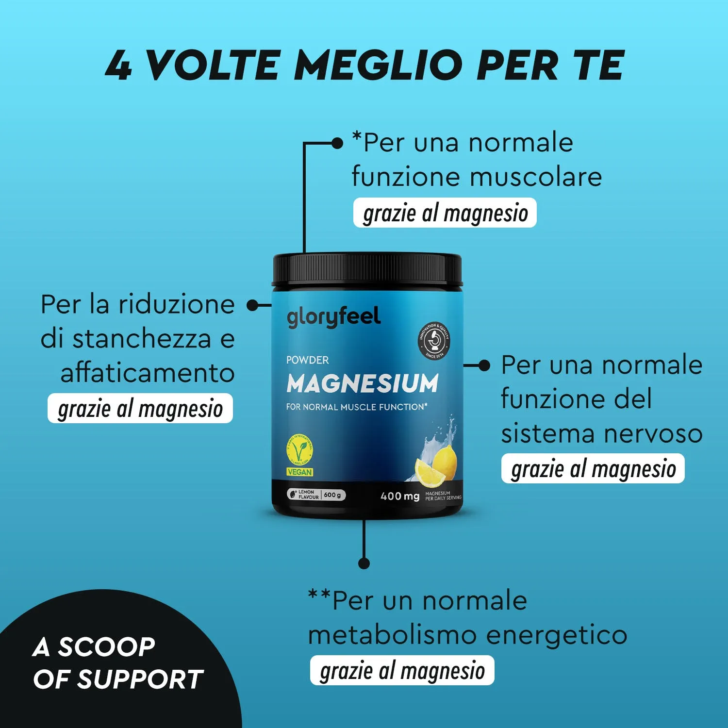 gloryfeel Magnesio polvere gusto limone bisglicinato malato