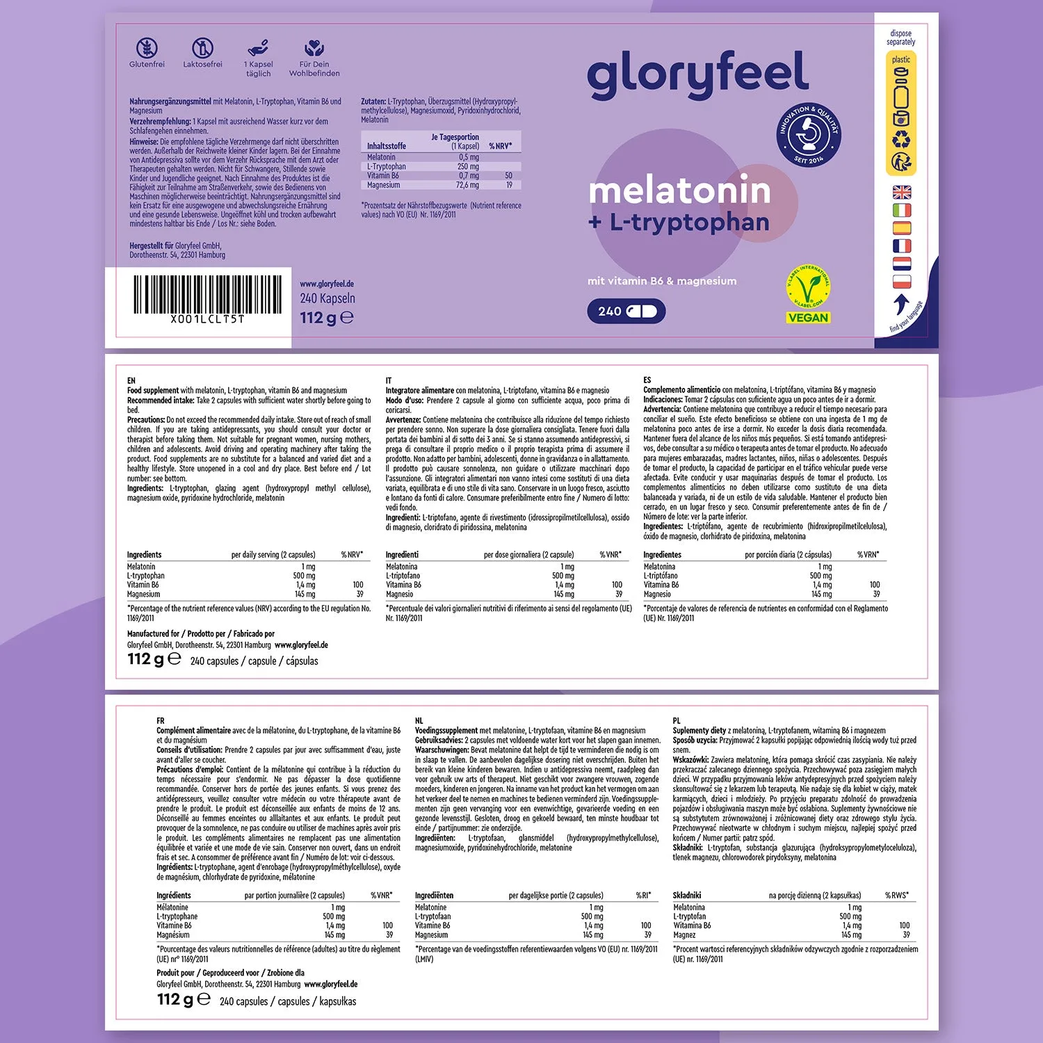 gloryfeel Melatonina Triptofano capsule 240 per sonno