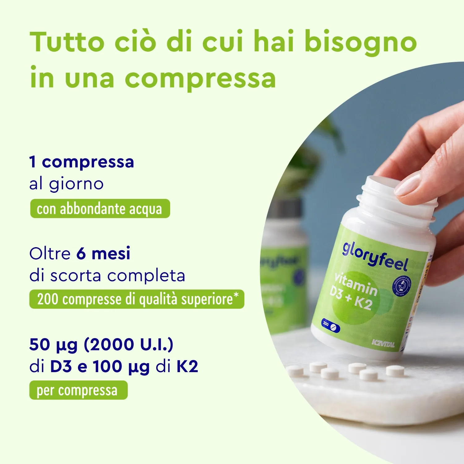 gloryfeel Vitamina D3 K2 2000 UI capsule 90 softgel con K2 MK-7
