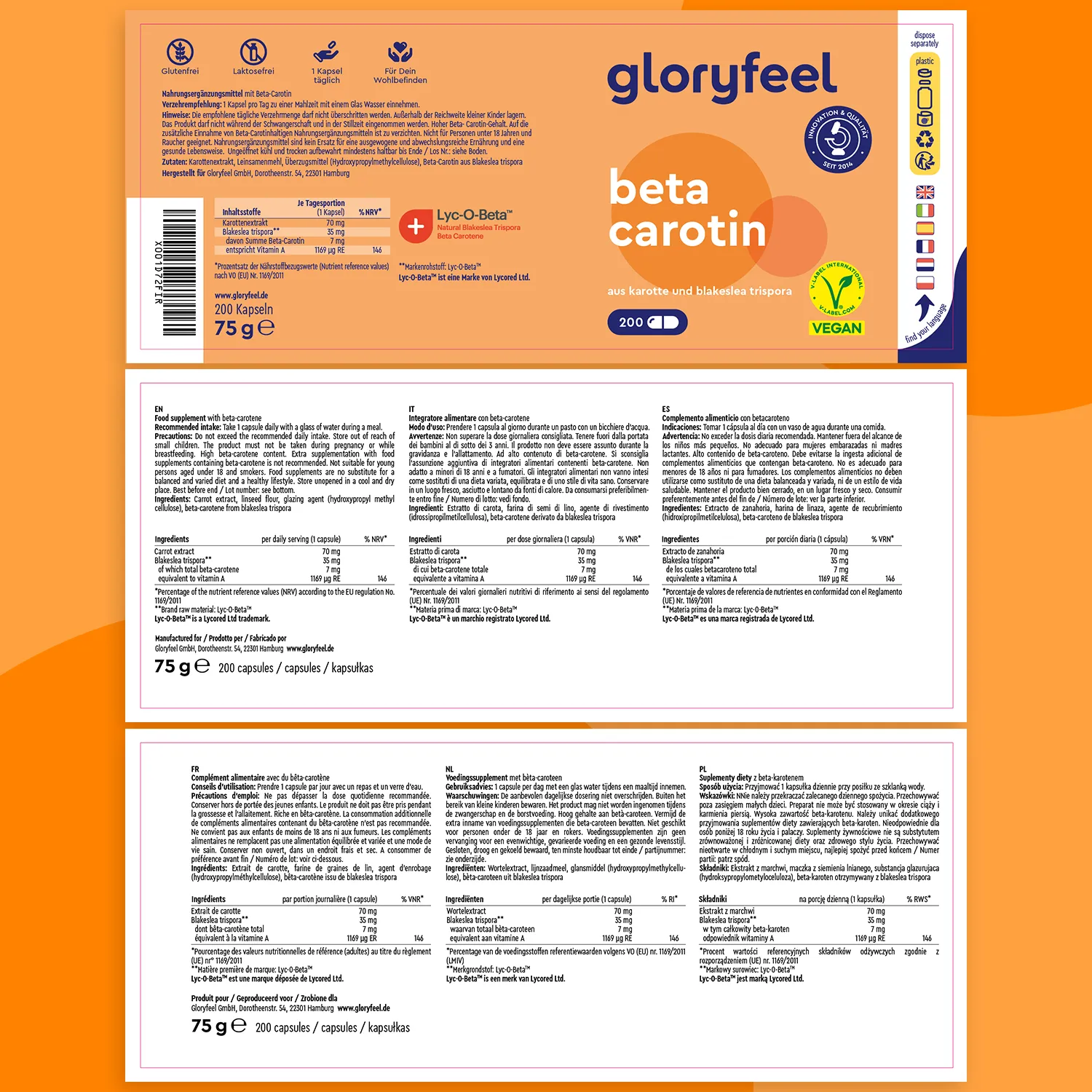 Gloryfeel Beta Carotene capsule estratti vegetali pelle capelli