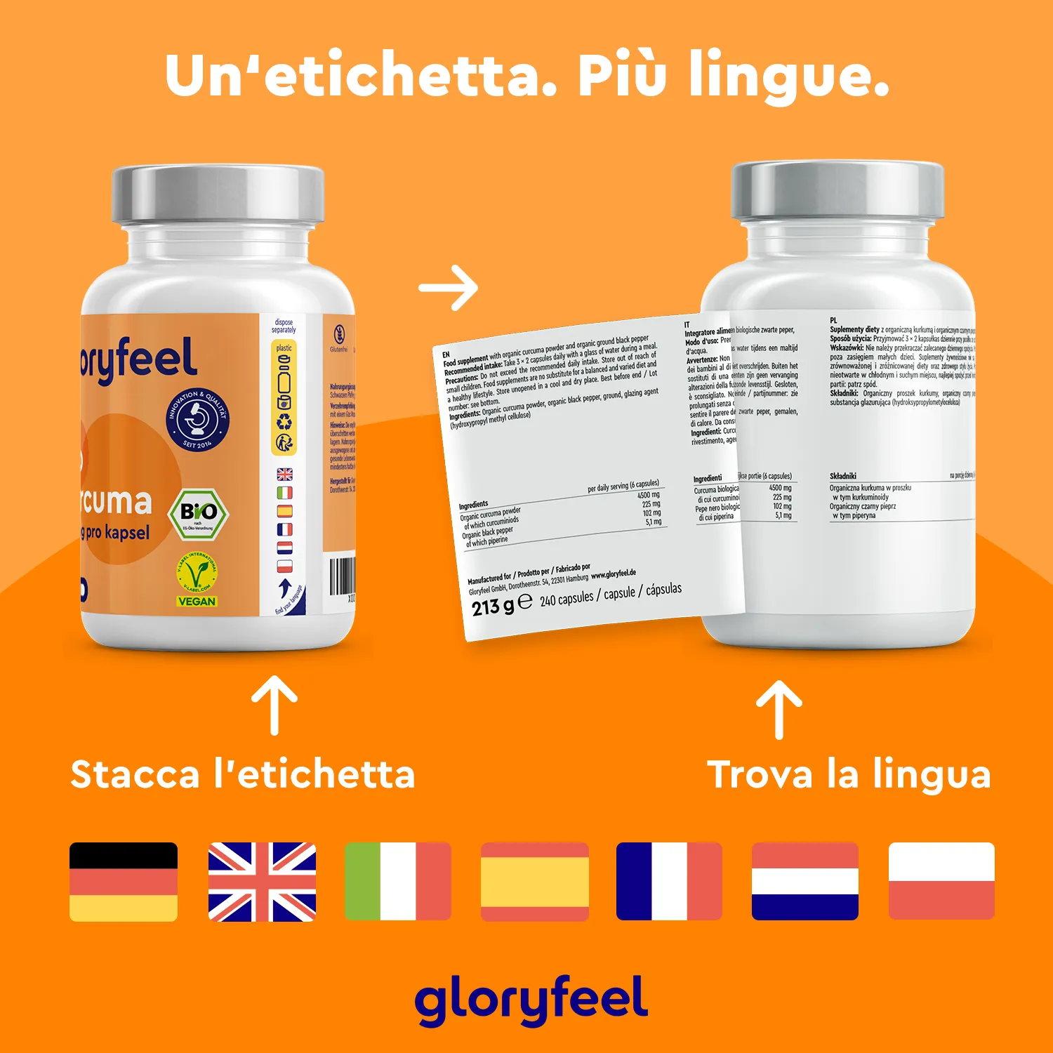 gloryfeel Bio Curcuma capsule 240 pezzi con pepe