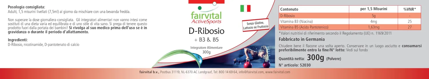 Fairvital D-Ribosio Polvere 300 g con B3 e B5 vegano