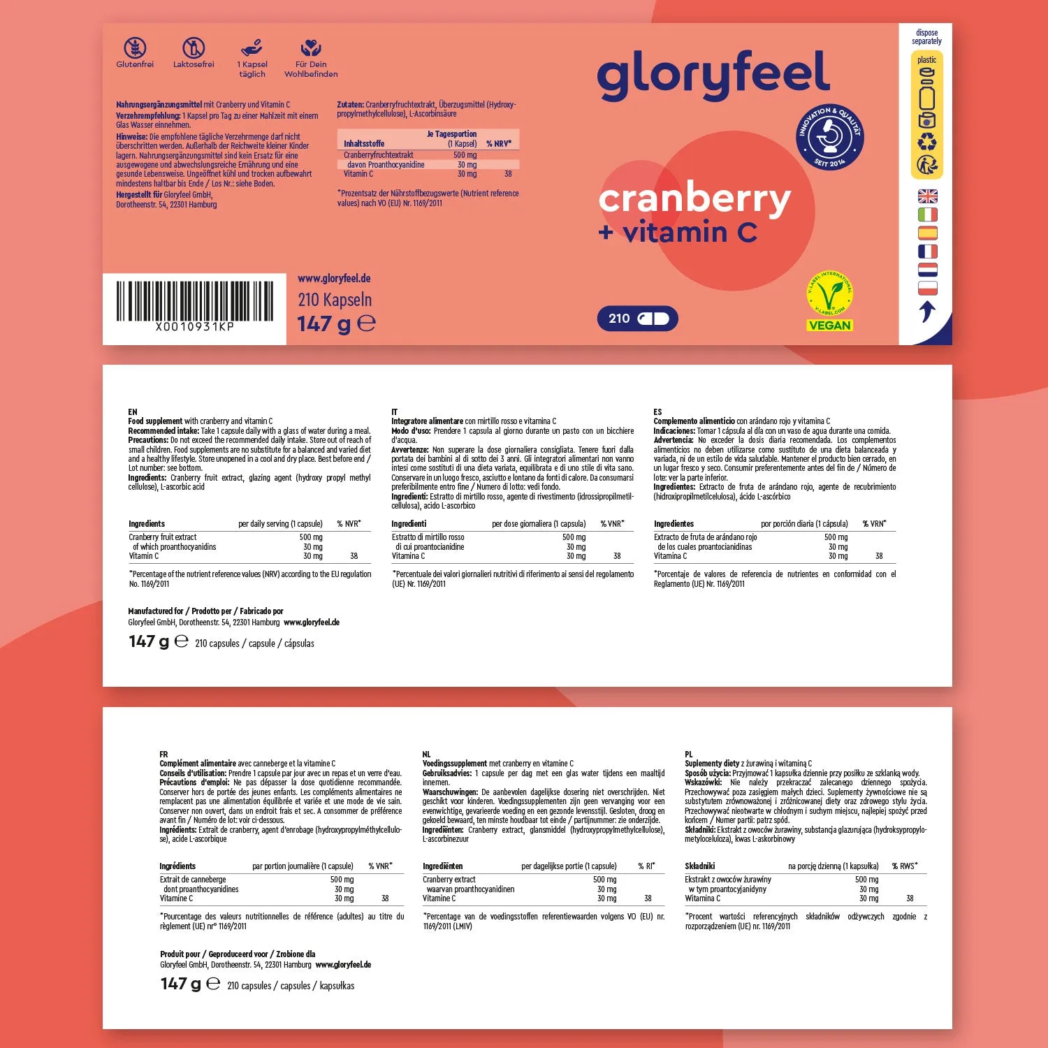 gloryfeel Cranberry + Vitamina C Capsule 210 pezzi Vie Urinarie