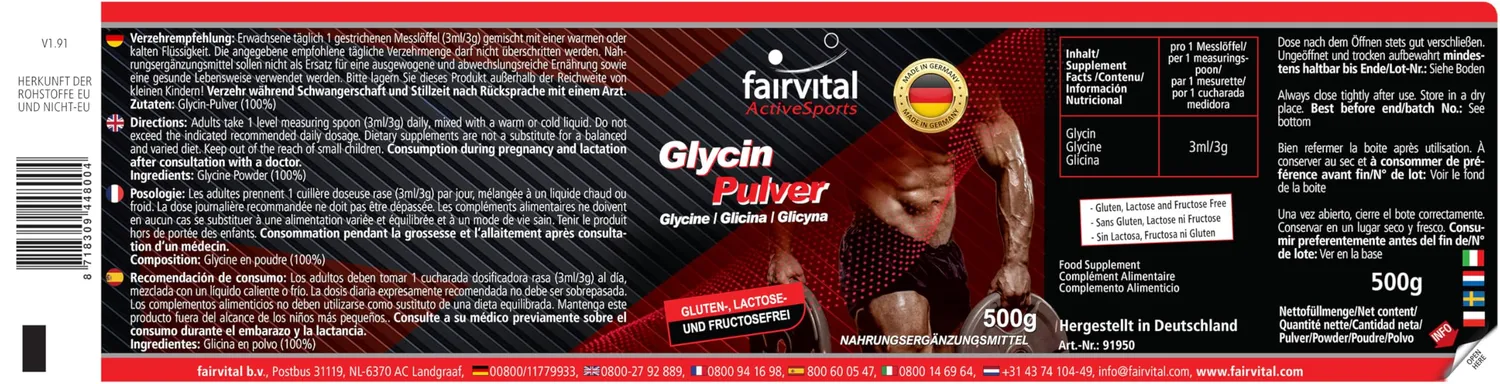 Fairvital Glicina Polvere Vegana 500 g pura senza additivi