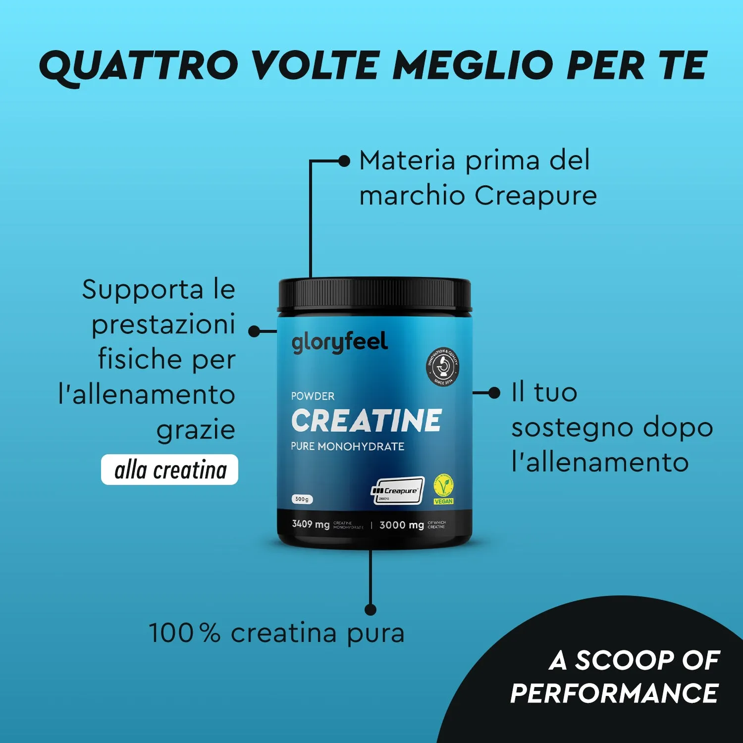 gloryfeel Creatina Creapure polvere monoidrato pura senza lattosio