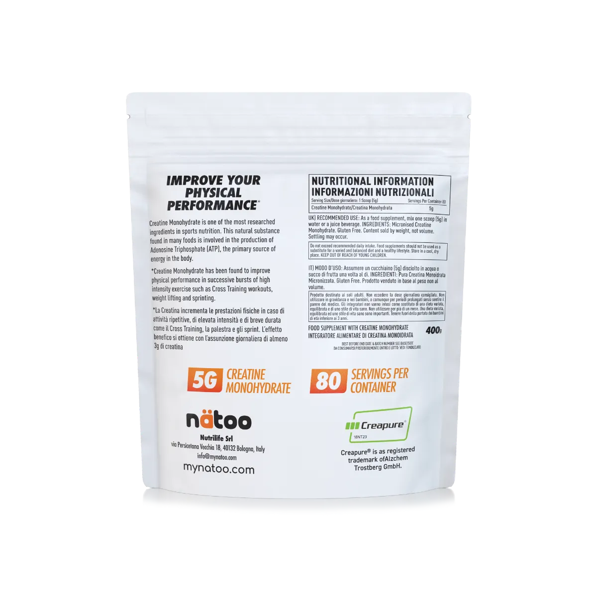 NATOO Creapure Creatina Monoidrato polvere 400g forza