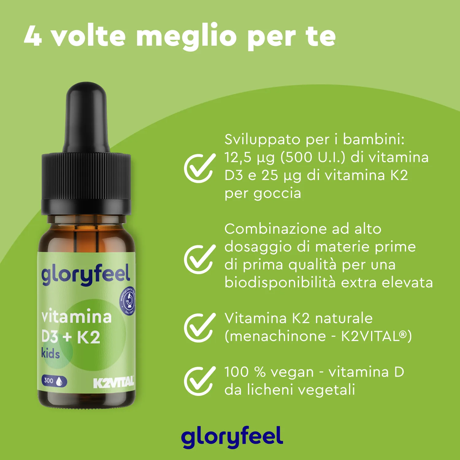 gloryfeel Vitamina D3 K2 Gocce Kids 300 gocce vegan ossa