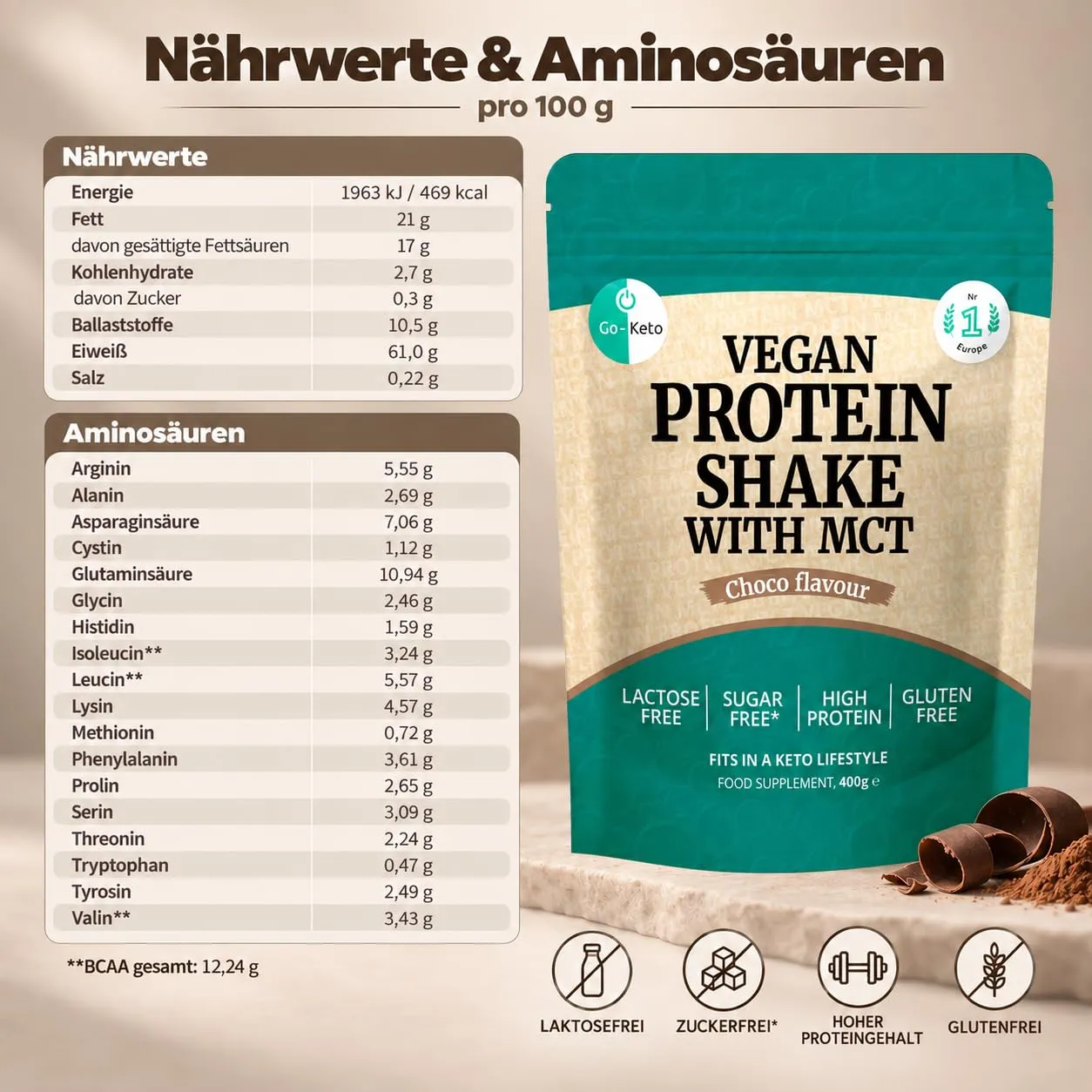 Go-Keto MCT Vegan Protein Shake cioccolato 400 g keto