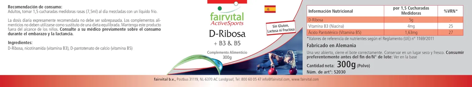 Fairvital D-Ribosio Polvere 300 g con B3 e B5 vegano