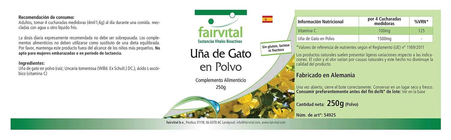Fairvital Unghia di Gatto 1500mg polvere 250g con vitamina C
