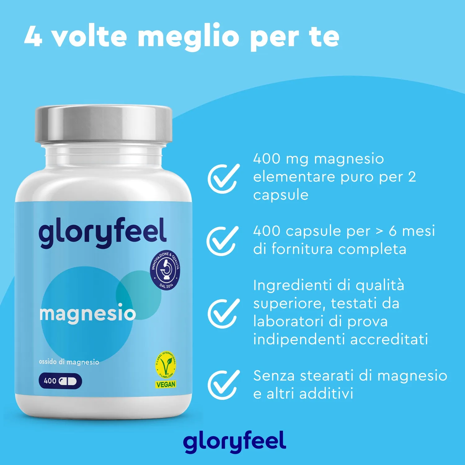 gloryfeel Magnesio Ossido 400 capsule vegane 200 mg scorta 6 mesi