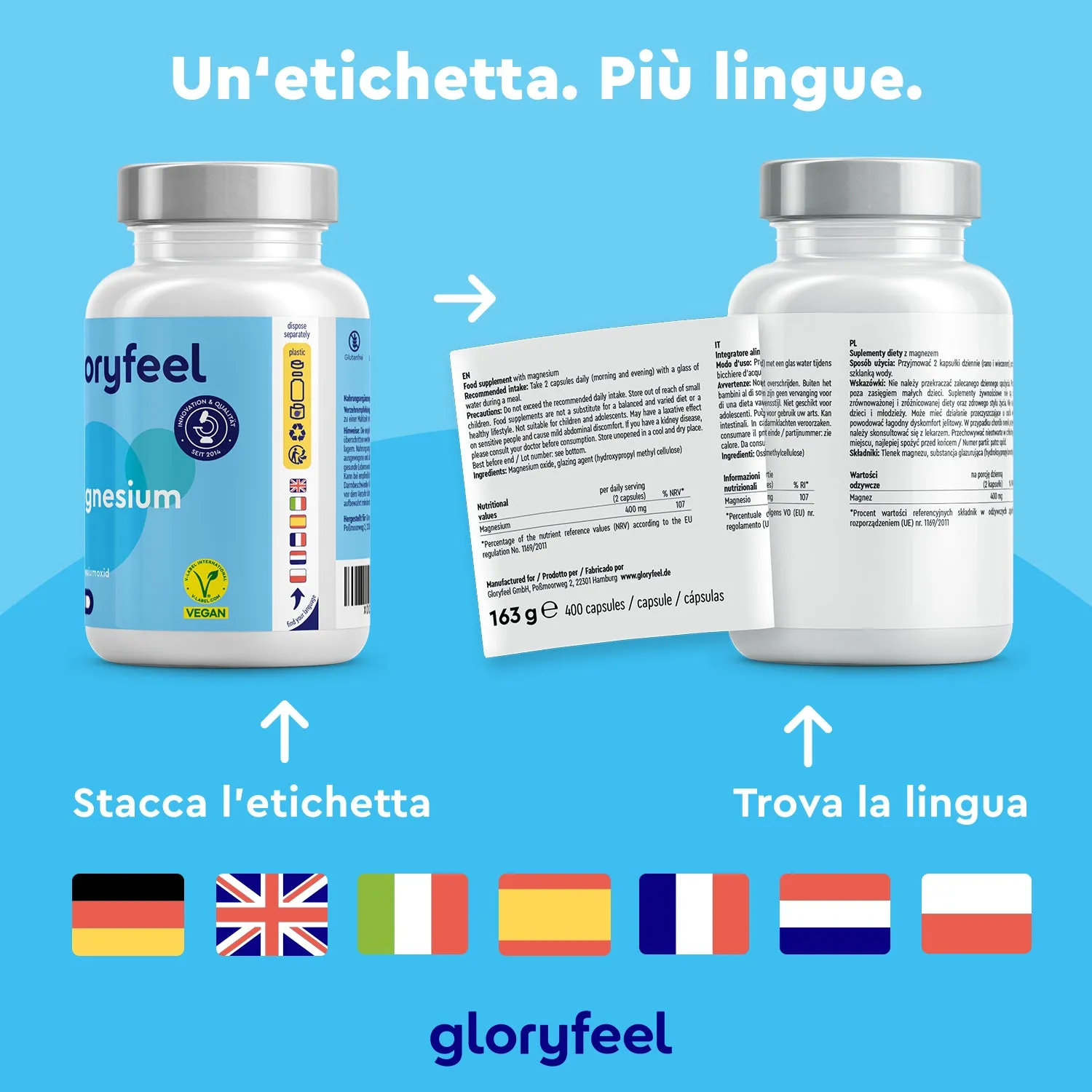 gloryfeel Magnesio Ossido 400 capsule vegane 200 mg scorta 6 mesi