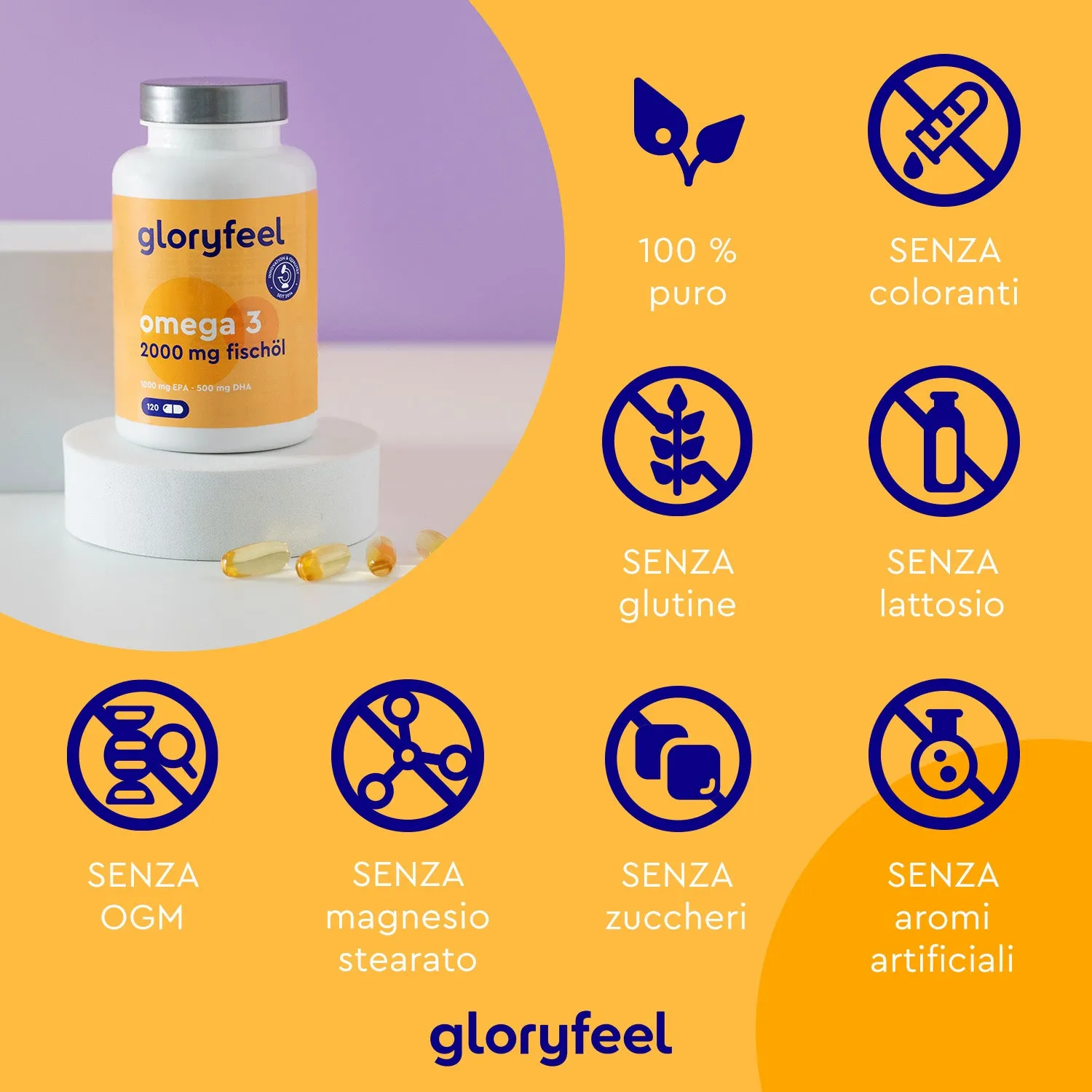 gloryfeel Omega 3 2000mg capsule olio di pesce 120 softgel EPA DHA