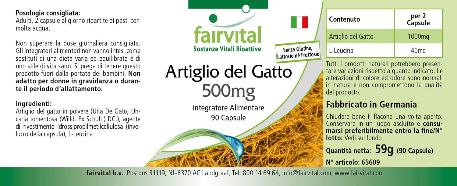 FAIRVITAL Artiglio di Gatto 500 mg capsule 90 vegane dosaggio