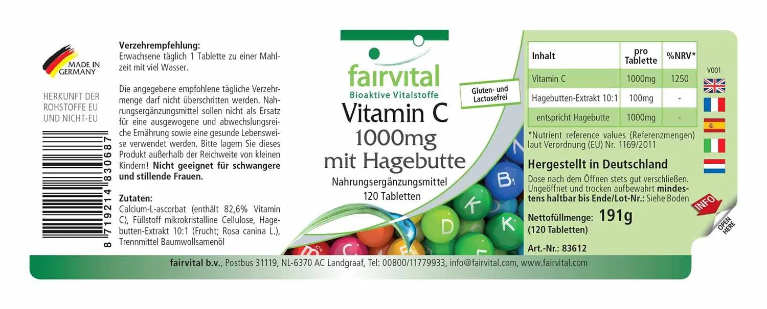 Fairvital Vitamina C 1000 mg compresse 500 pezzi con rosa canina