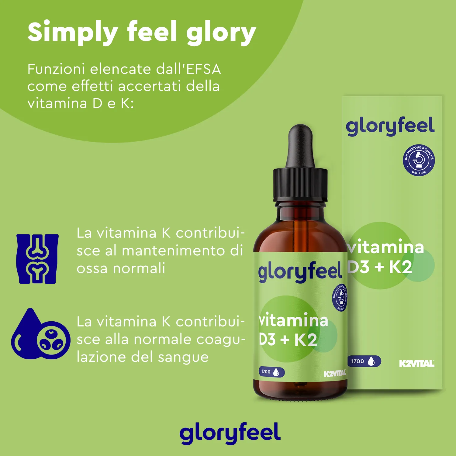 gloryfeel Vitamina D3 K2 gocce vegetariane K2VITAL ossa immunita