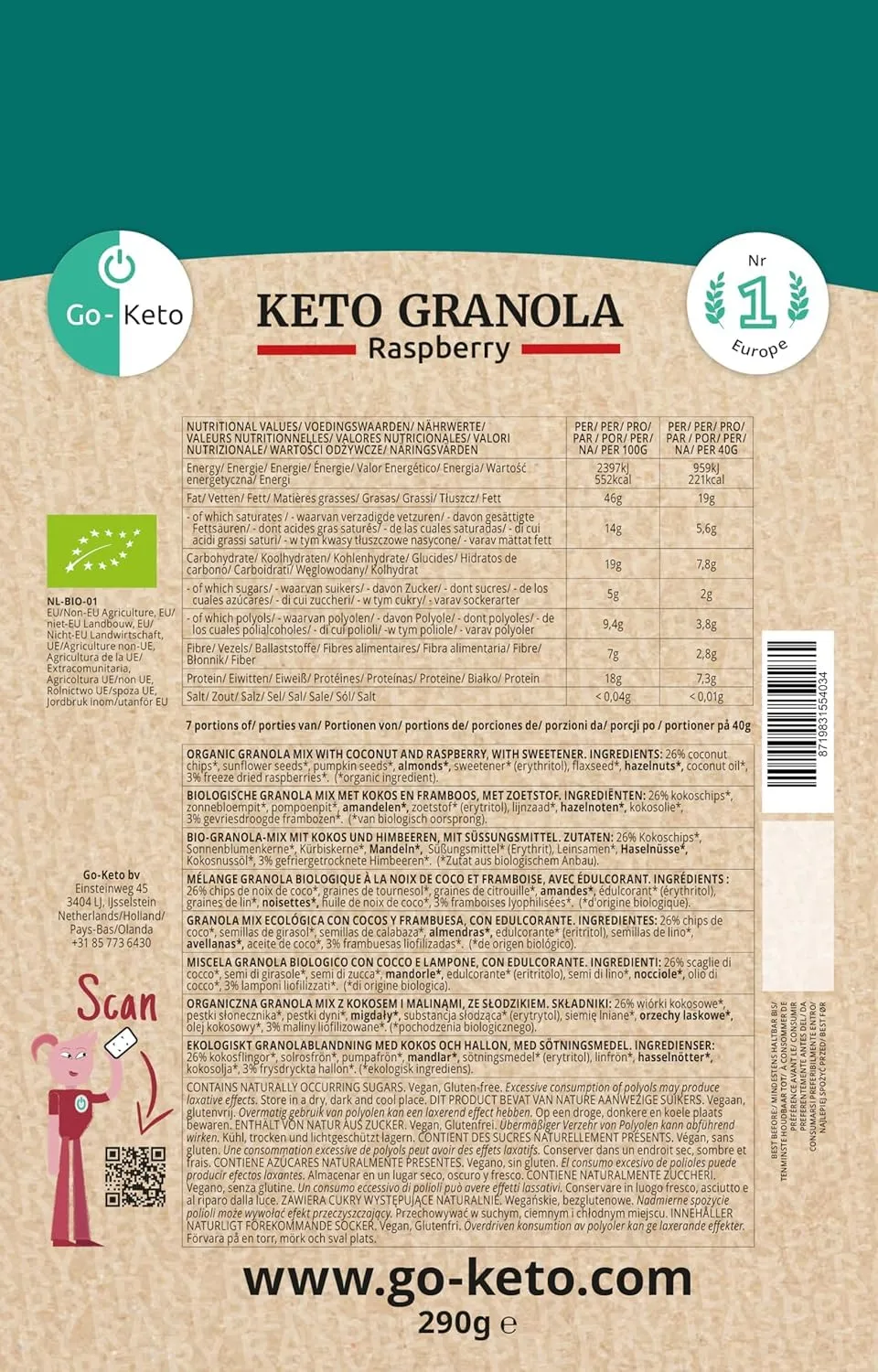 Go-Keto Bio Granola Raspberry granola lampone 290g low carb