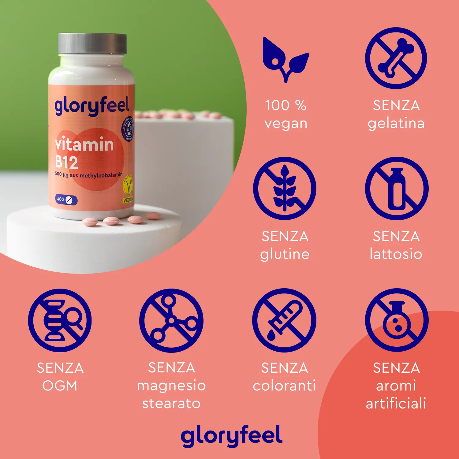 gloryfeel Vitamina B12 Metilcobalamina compresse vegane