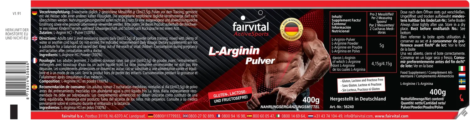 Fairvital L-Arginina Polvere 400 g pura vegana