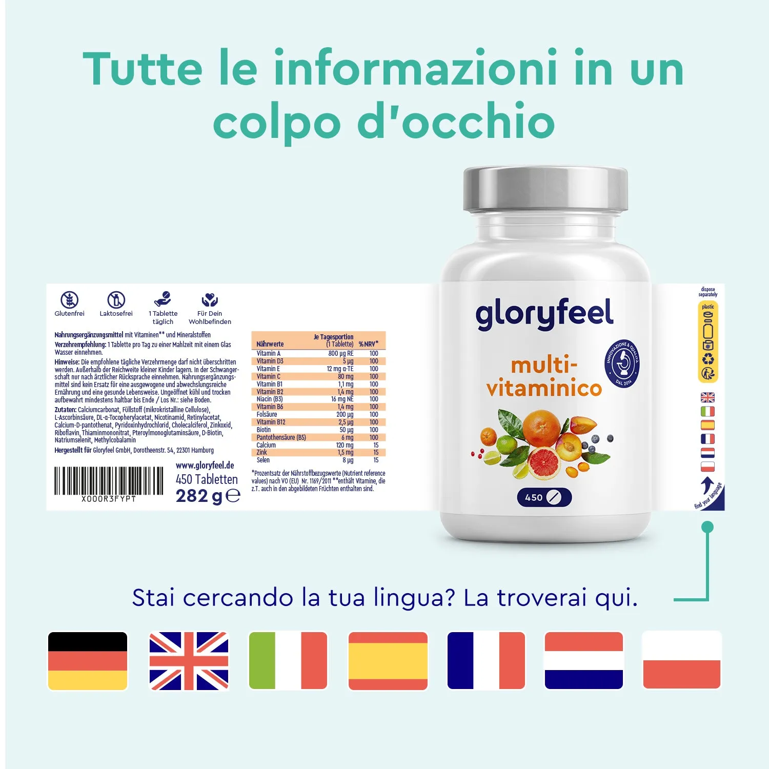 gloryfeel Multivitaminico compresse 450 pezzi dalla A alla Z
