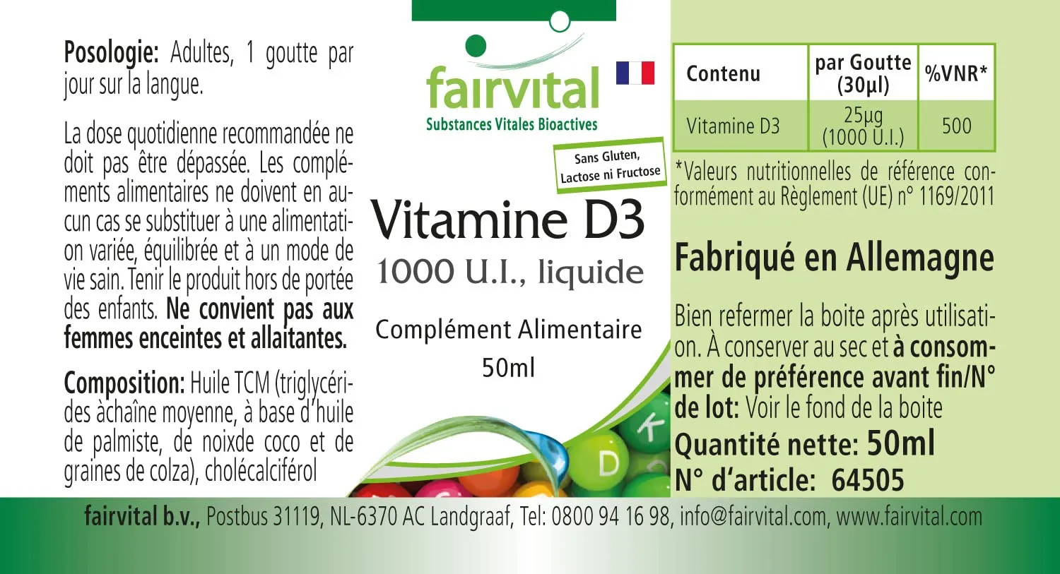 Fairvital Vitamina D3 gocce 50 ml 1000 UI olio MCT