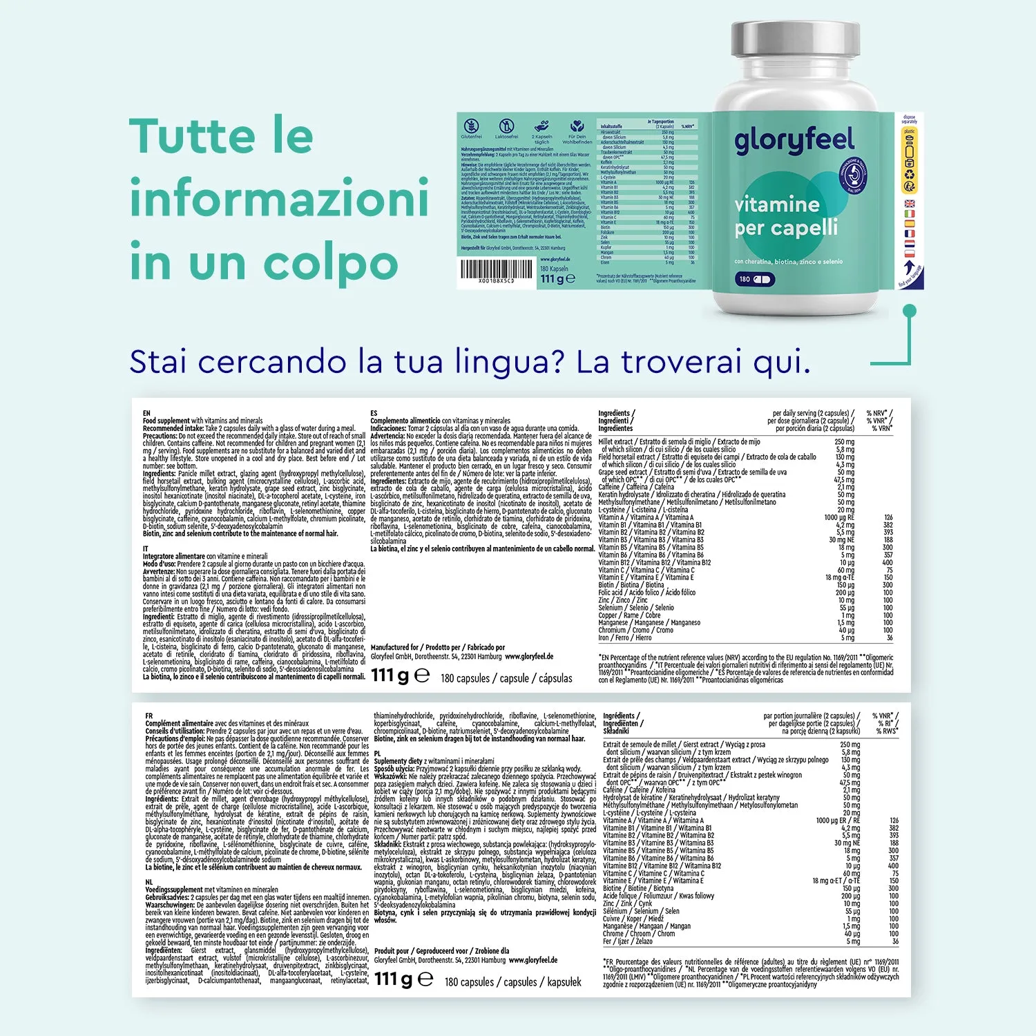 gloryfeel Vitamine per Capelli capsule 180 pezzi biotina cheratina