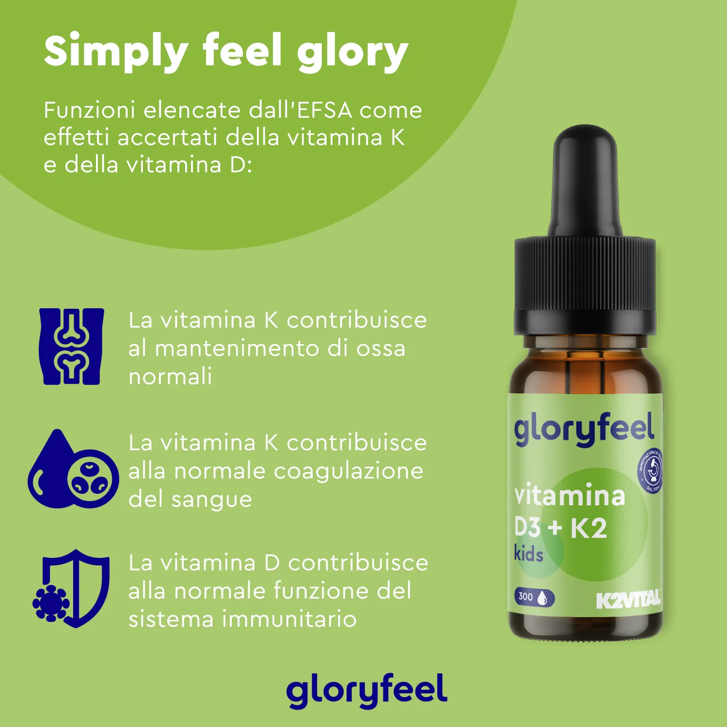 gloryfeel Vitamina D3 K2 Gocce Kids 300 gocce vegan ossa