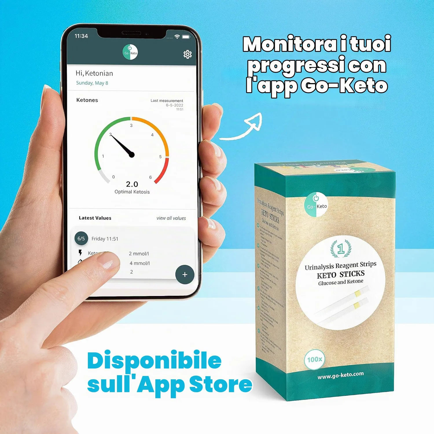 Go-Keto Keto Sticks strisce 100 pz chetoni glucosio