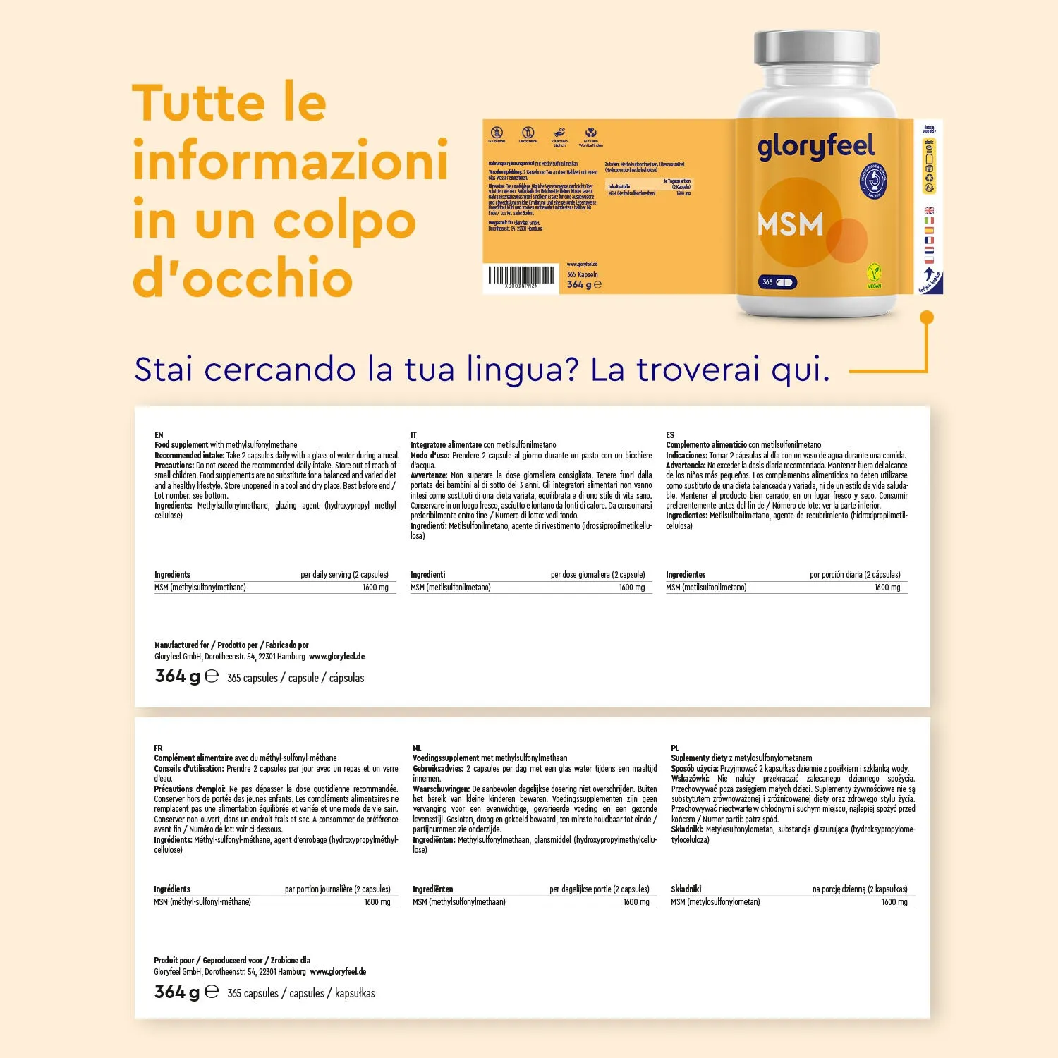 gloryfeel MSM zolfo organico capsule metilsulfonilmetano