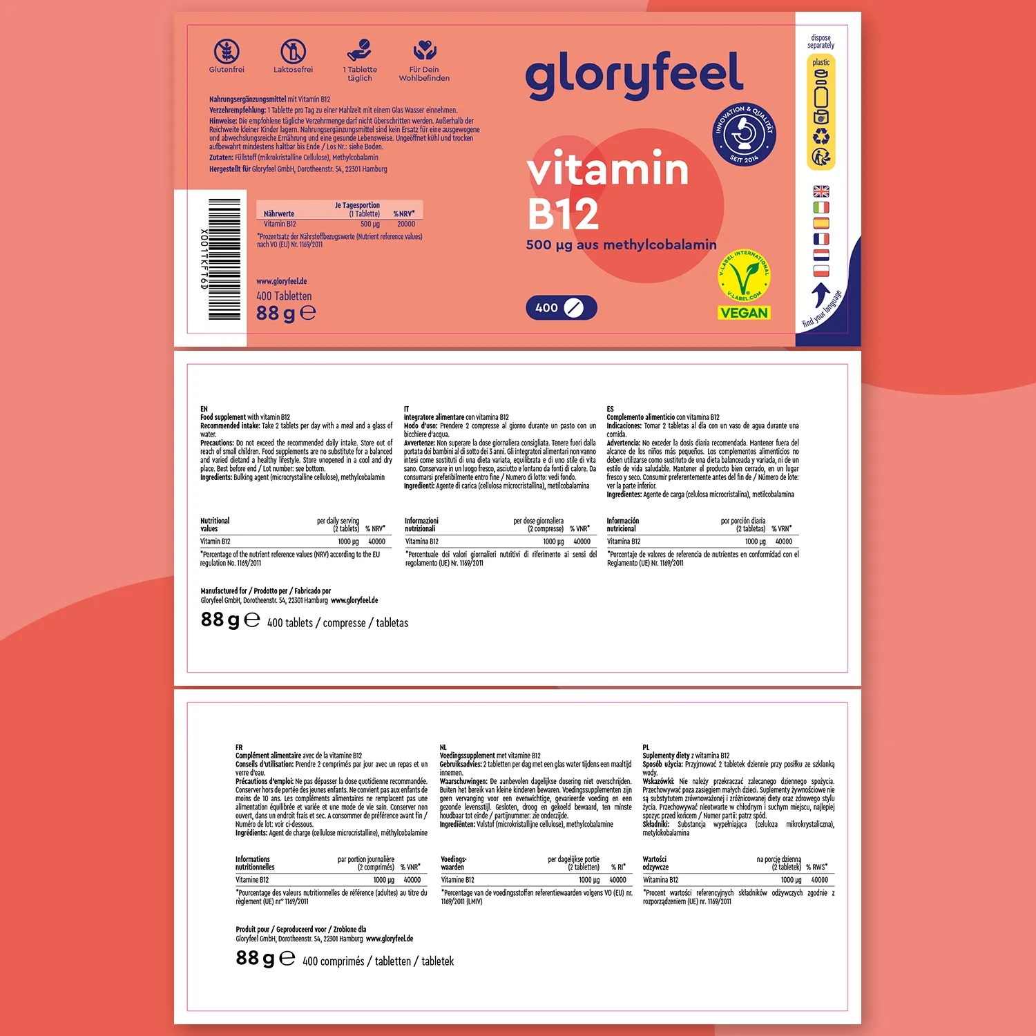 gloryfeel Vitamina B12 Metilcobalamina compresse vegane