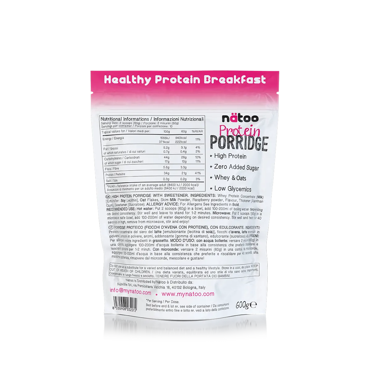 Natoo Food Porridge Proteico 600 g gusto cioccolato 21 g proteine