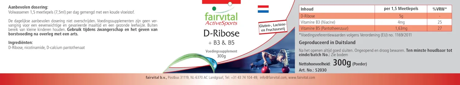 Fairvital D-Ribosio Polvere 300 g con B3 e B5 vegano