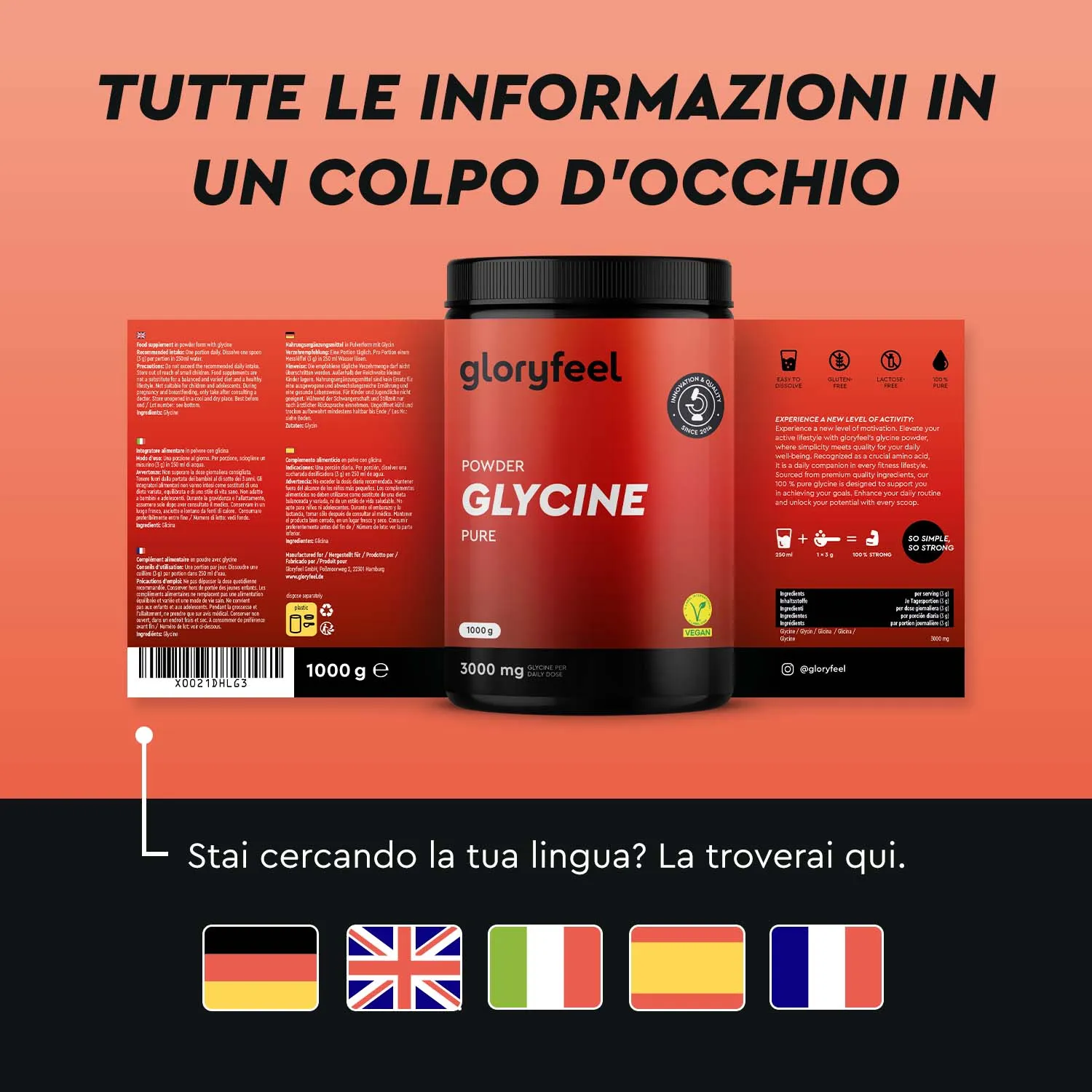 gloryfeel L-Glicina in polvere aminoacido puro