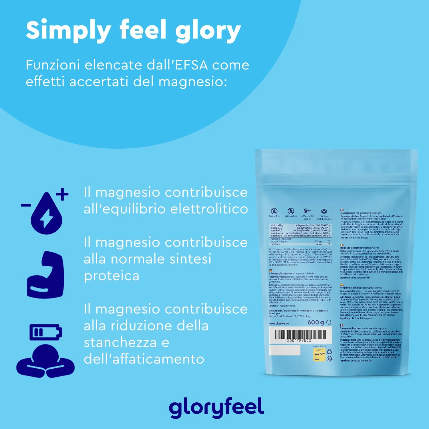 gloryfeel Magnesio Citrato polvere vegan dicitrato