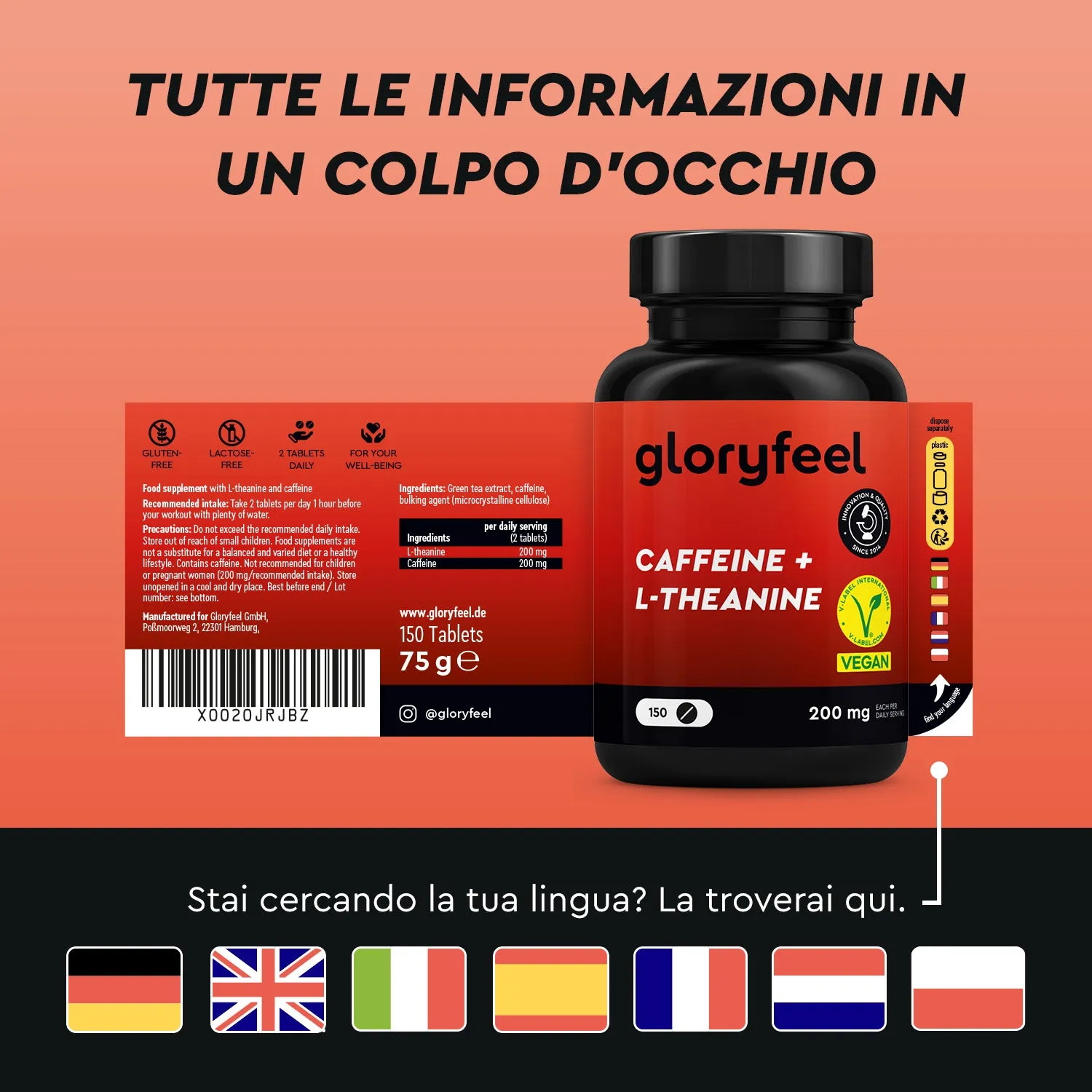 gloryfeel Caffeina + L-Teanina capsule focus tè verde