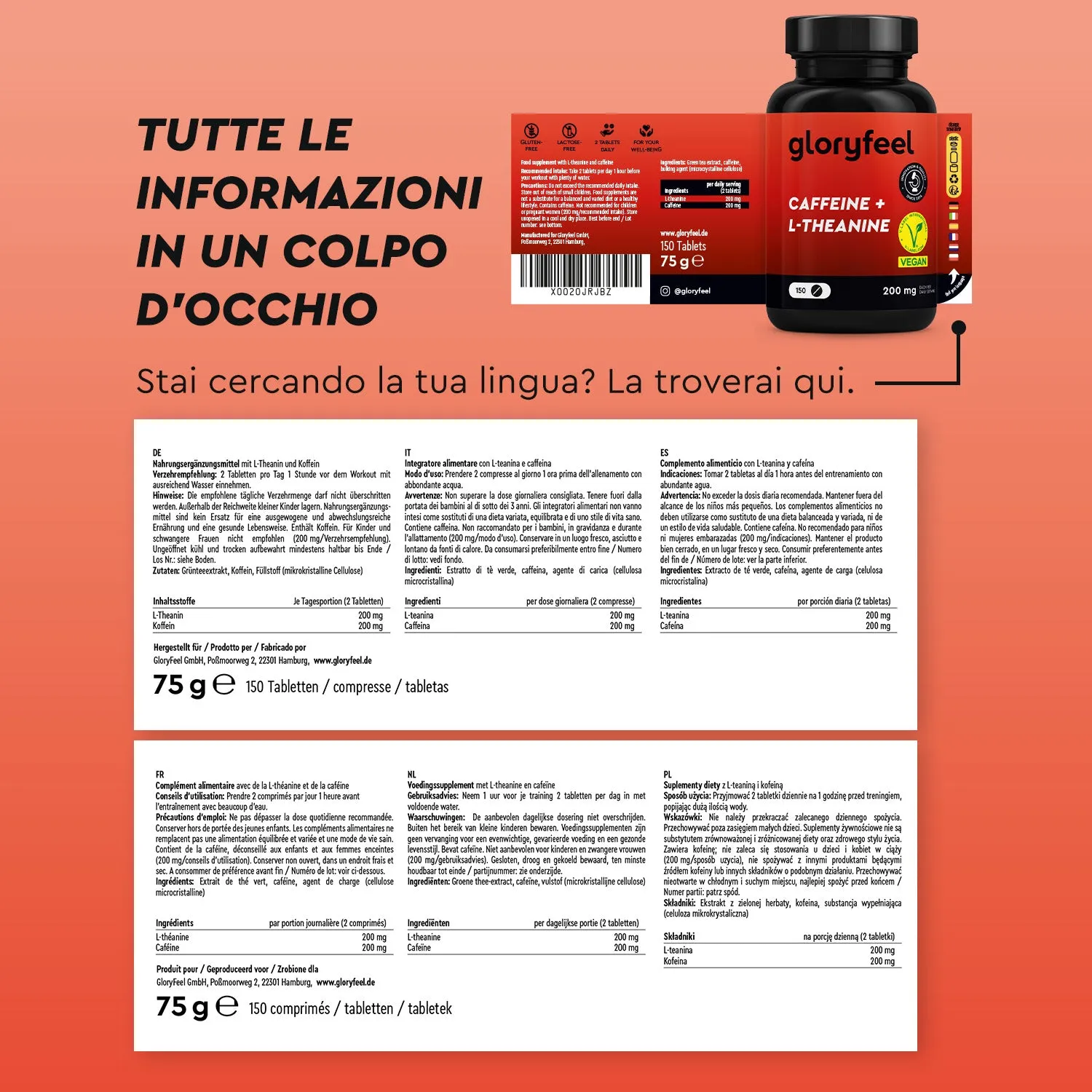 gloryfeel Caffeina + L-Teanina capsule focus tè verde