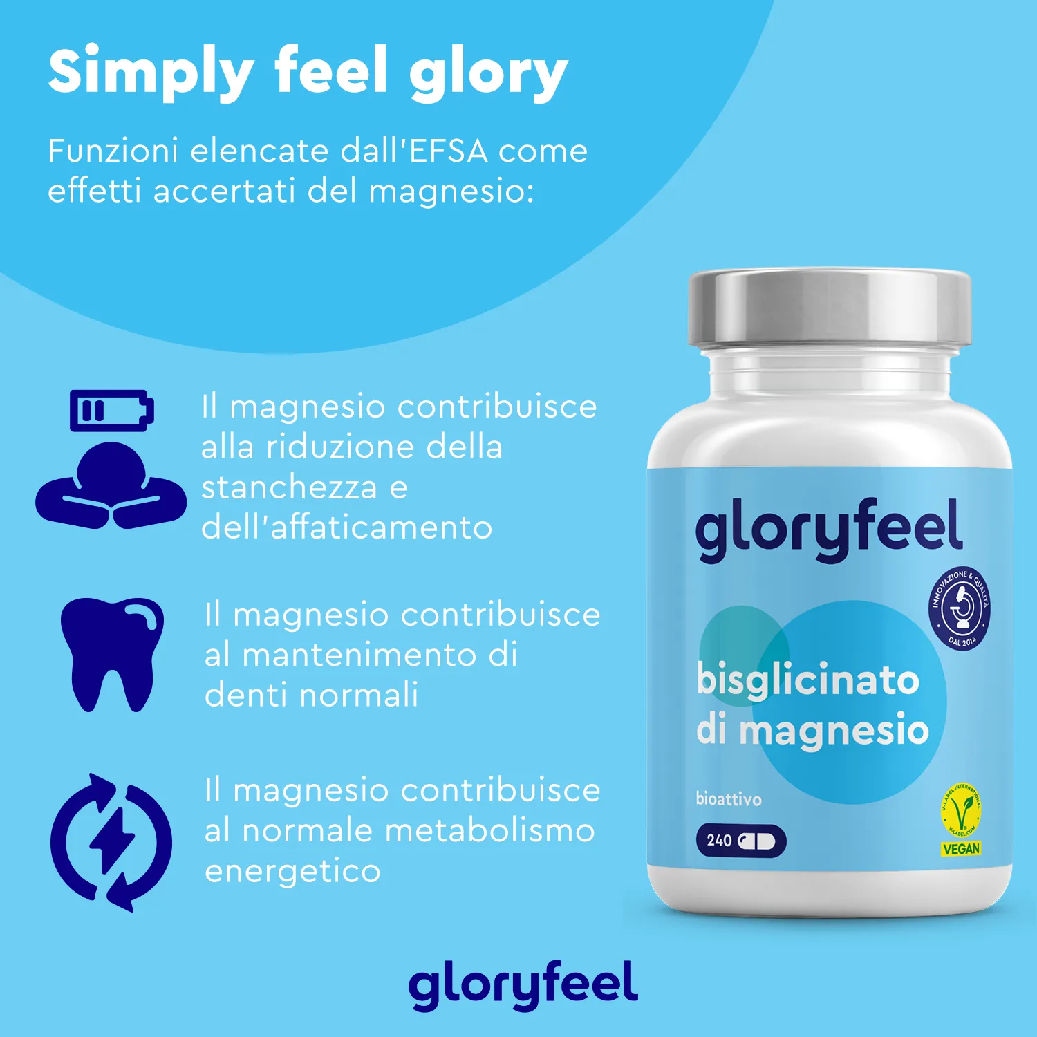 gloryfeel Bisglicinato di Magnesio capsule vegane senza glutine