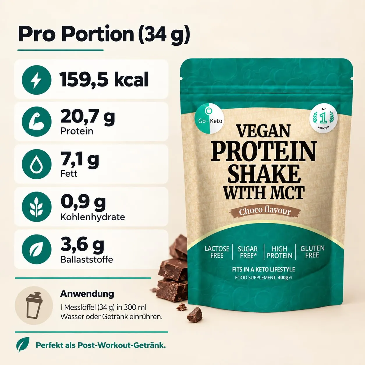 Go-Keto MCT Vegan Protein Shake cioccolato 400 g keto