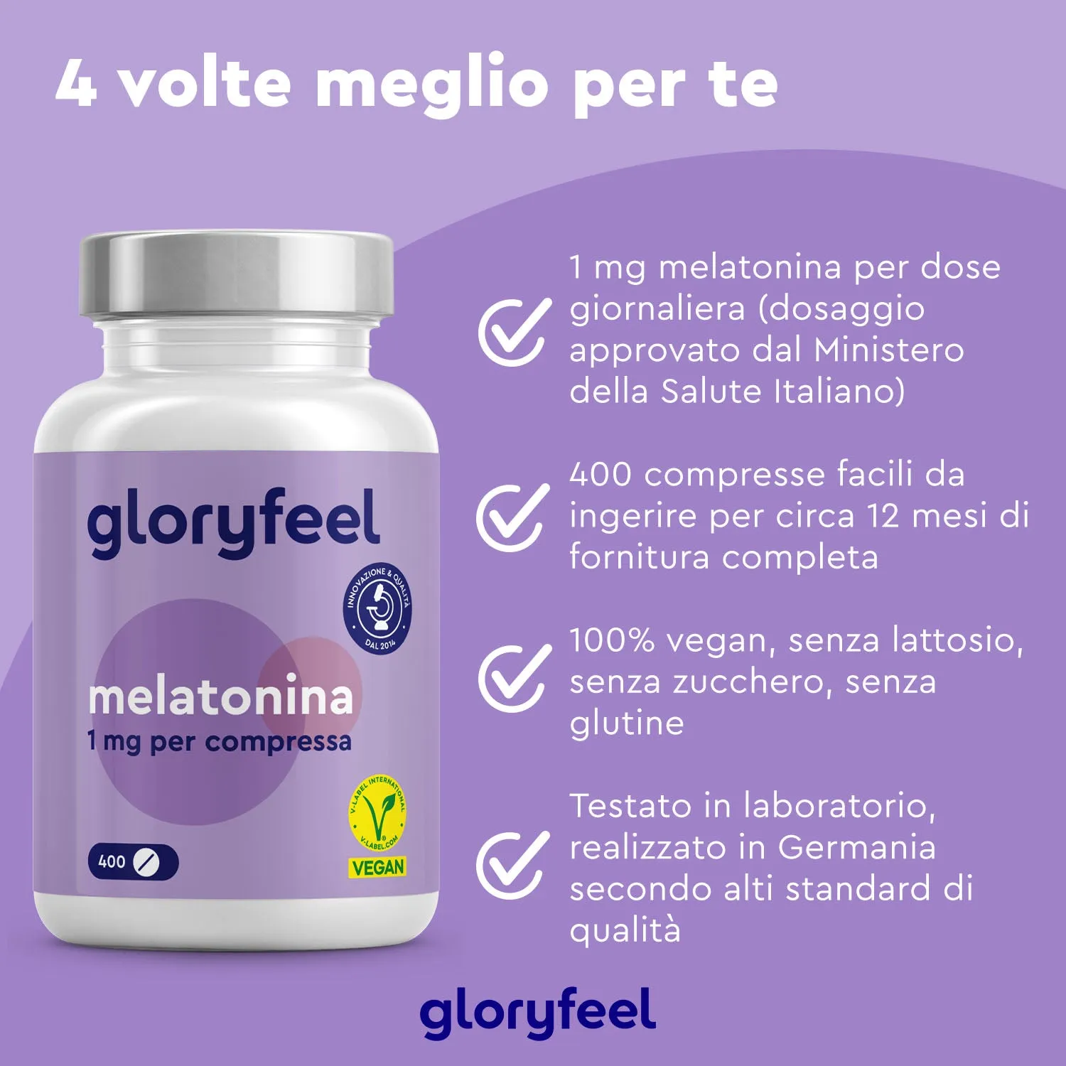 Gloryfeel Melatonina 1 mg compresse 400 pezzi vegan