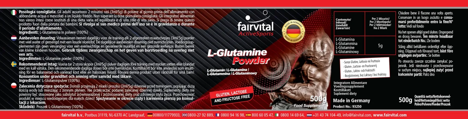 Fairvital L-Glutammina Polvere 500 g Vegana Alto Dosaggio