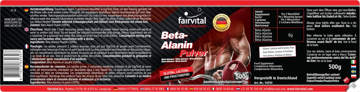 Fairvital Beta-Alanina polvere 500 g pura vegana