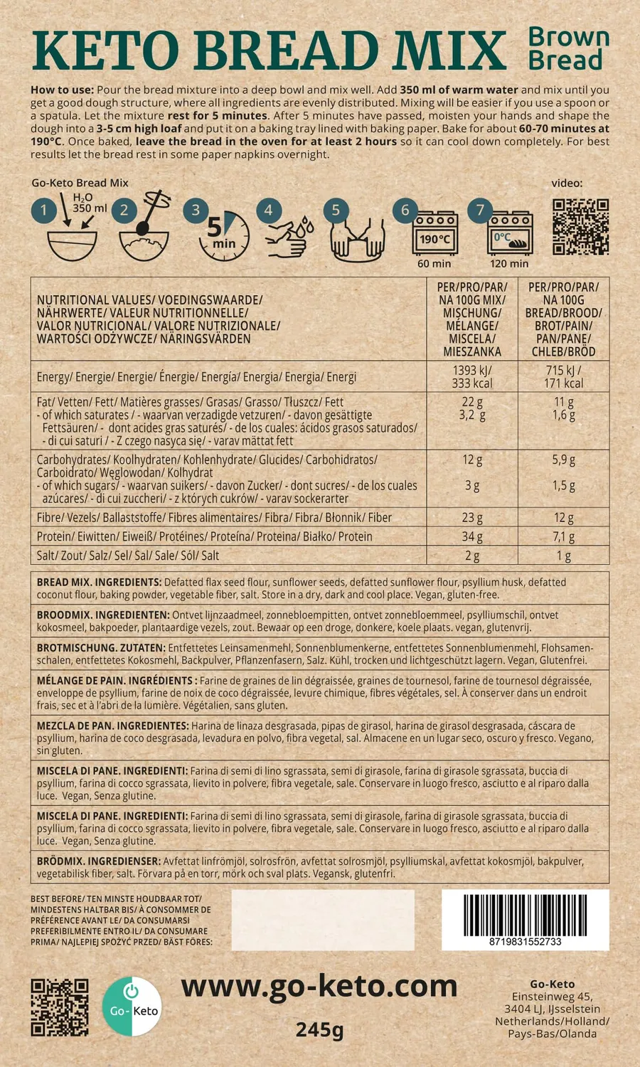 Go-Keto Vital Bread miscela pane keto 3x245g