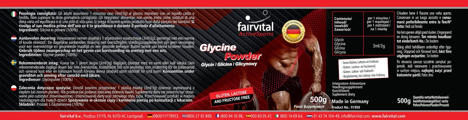 Fairvital Glicina Polvere Vegana 500 g pura senza additivi