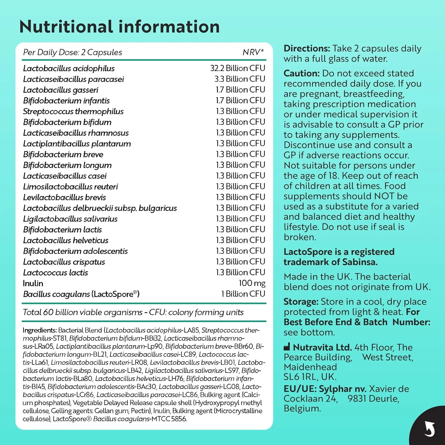 Nutravita 60 Miliardi UFC Probiotico 60 Capsule Vegane 21 Ceppi