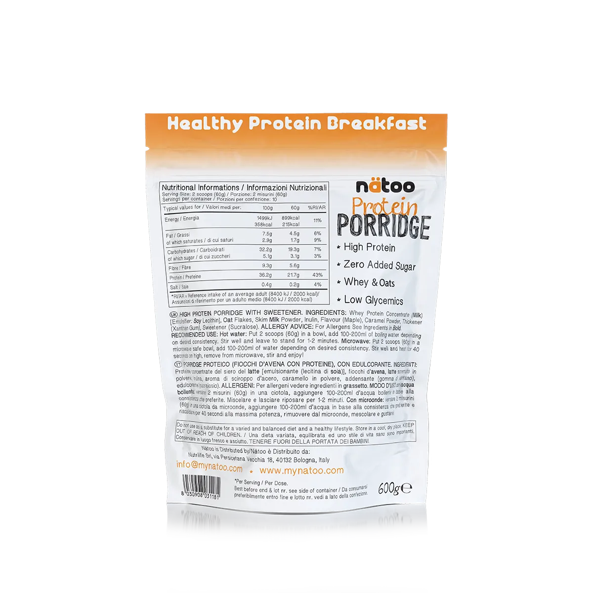 Natoo Food Porridge Proteico 600 g gusto cioccolato 21 g proteine