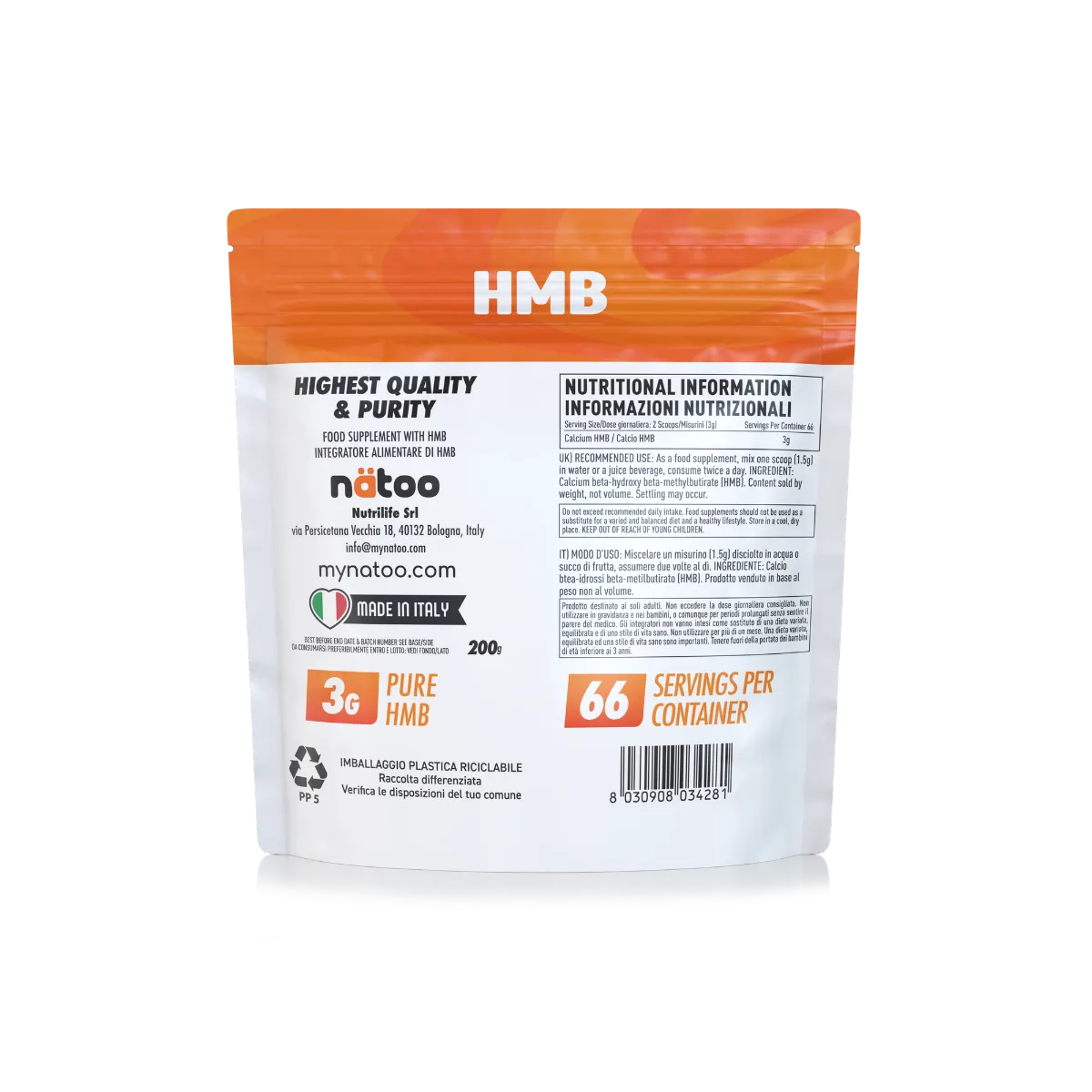 Natoo Performance HMB Polvere 200g Calcio HMB